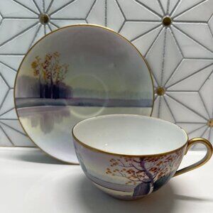 Vintage Pre 1920's Hand Painted Nippon Cup and Saucer Set w/crown mark